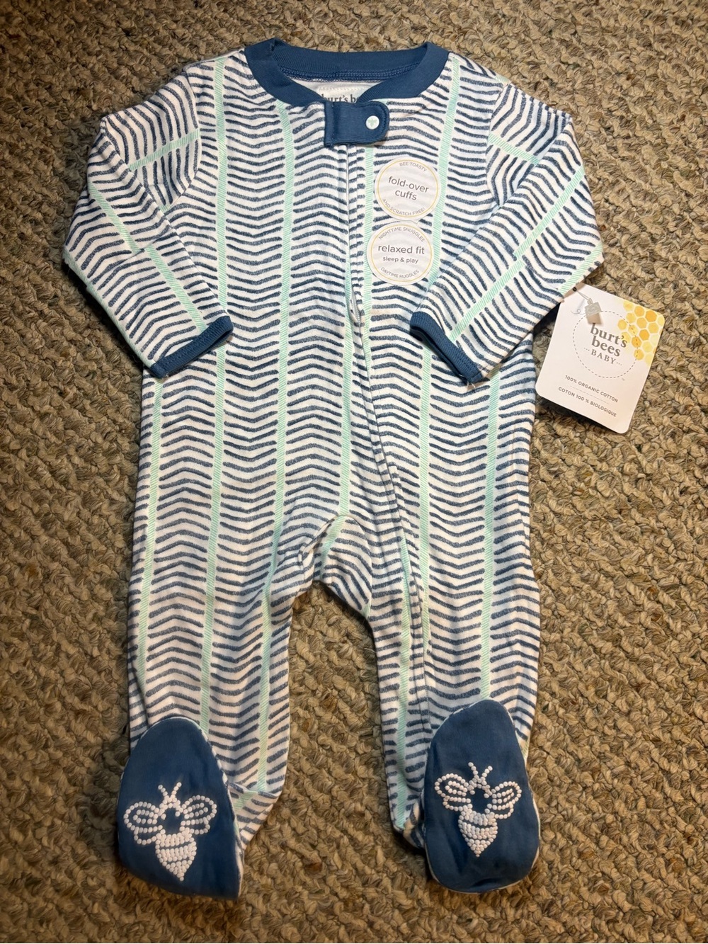 Burt’s Bees Baby White and Blue Striped Footed One-Piece with Mint Accents